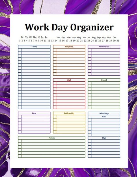 "Work Day Organizer Printable PDF 8.5\"x11\" You will receive all three color options, pick your favorite or change it every week! *Agate background is for display purposes only and is not part of document" Print Shop Organization, Work Organization Printables, Work Day Organizer, Office Filing System, Agate Background, Small Office Organization, Day Organizer, Daily Planner Printables Free, Office Organization At Work