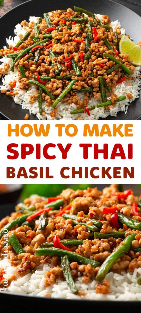 Similarly to Thai basil stir fry, a wok or a really hot frying pan is needed to achieve this succulent spicy thai basil chicken, which only takes you 10 minutes. Thai Basil Stir Fry, Spicy Thai Basil Chicken, Thai Basil Chicken Recipe, Thai Basil Recipes, Basil Chicken Recipe, Pad Kra Pao, Thai Basil Chicken, Thai Rice, Stir Fry Recipes Chicken