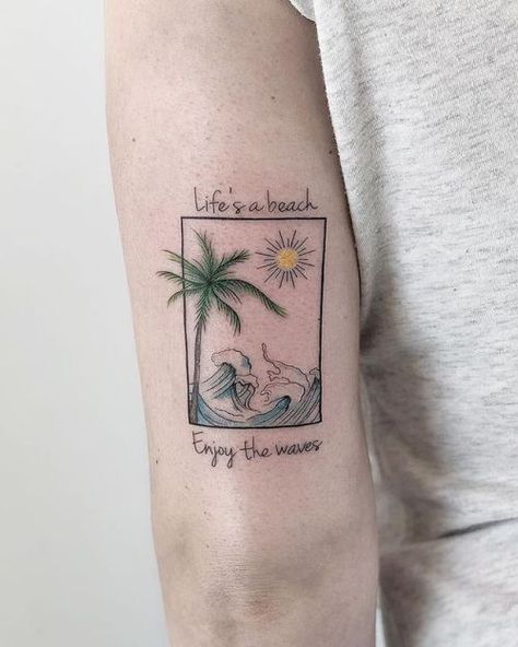 Relax Tattoo, Beachy Tattoos, Scene Tattoo, Hibiscus Tattoo, Elements Tattoo, Summer Tattoo, Theme Tattoo, Beach Tattoo, Incredible Tattoos