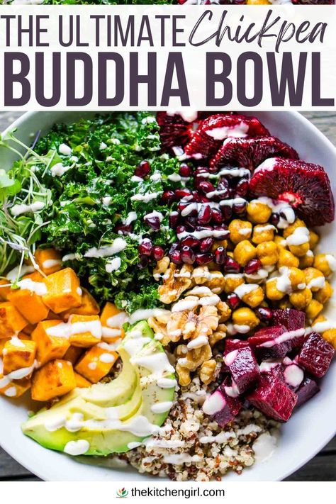 image: Buddha bowl ingredients consisting of kale, quinoa, diced sweet potatoes, chickpeas, blood oranges, diced beets, walnuts, microgreens, pomegranate arils, and avocado with drizzled Buddha bowl sauce in white bowl. Title text overlay: The Ultimate Chickpea Buddha Bowl Roasted Beet And Sweet Potato Budda Bowl, Buddah Bowls Quinoa, Gut Healing Bowls, Buddha Bowl With Beets, Sweet Potato Tahini Bowl, Buddha Bowl Mediterranean, Roasted Beet And Sweet Potato Buddha Bowl, Glow Bowl Recipes, Buddah Bowl Mediterranean