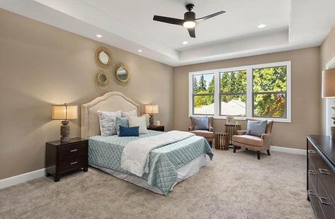 Master bedroom with light brown carpet Bedroom Carpet Colors, Beautiful Bedroom Set, Tan Walls, Home Assistant, Dark Carpet, Comfortable Bedding, Bedroom Size, Open Concept Floor Plans, Brown Carpet