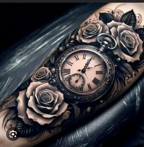 Hourglass Rose Tattoo, Clock Tattoo Drawing, Clock Tattoo Design For Men Arm, Hand Clock Tattoo, Rose And Watch Tattoo, Men Clock Tattoo Ideas, Compass Tattoos For Women, Rose Time Clock Tattoo, Clock Tattoos