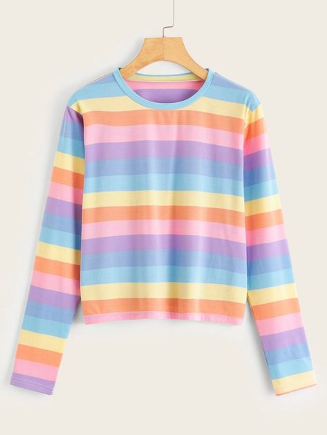 Rainbow Tee, Rainbow Outfit, Striped Sweatshirts, Round Neck Tees, Striped Crop Top, Harajuku Fashion, Rainbow Stripes, Looks Vintage, Kawaii Fashion