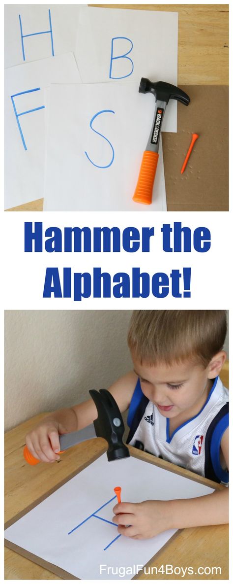 Hammer the Alphabet!  Preschool Alphabet Activity - Letter learning with fine motor practice too! Learning Letters Preschool, Preschool Construction, Letter Learning Activities, Alphabet Activity, Community Helpers Preschool, Preschool Alphabet, Preschool Reading, Science Notebooks, Ap Biology