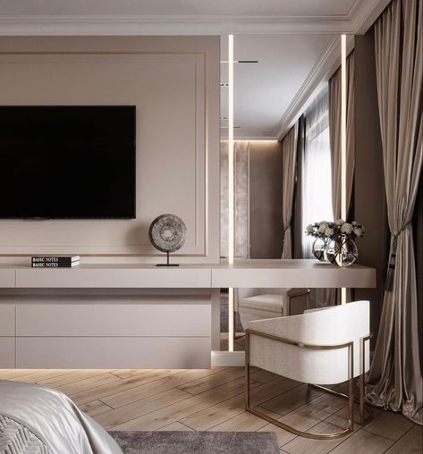 Tv Desk, Hotel Bedroom Design, Bedroom Tv Wall, Home Decor Cozy, Modern Luxury Bedroom, Modern Bedroom Interior, Cozy Home Decor, Home Decor Idea, Paper Home