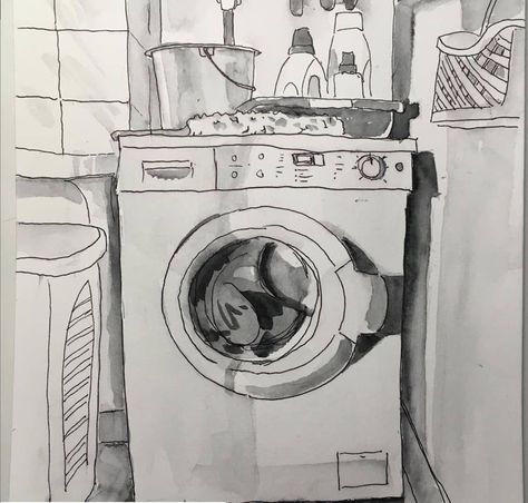 Washing Machine Painting, Wall With Drawings, Washing Machine Drawing, Room Drawings Sketches, Observational Drawing Ideas, Sink Drawing, Fast Sketches, White Board Drawings, Room Sketch