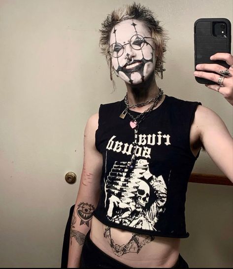 #facepaint #corpsepaint #blackmetal #punk #diy #punkfashion #goth #gothmakeup #clown #clownmakeup #clownaesthetic #piercing #stretchedseptum #piercings #metalhead #diypunk #libertyspikes #spikedhair #clowncore #bihawk #mohawk #rorschach #rorschachinkblot #racoonstripes #scene #scenekid #emo #scenekid #battlevest #crustpants #patchpants Crust Punk Makeup, Emo Makeup 2000s, Makeup 2000s, Liberty Spikes, Crust Pants, Stretched Septum, 2000s Men, Punk Diy, Rorschach Inkblot