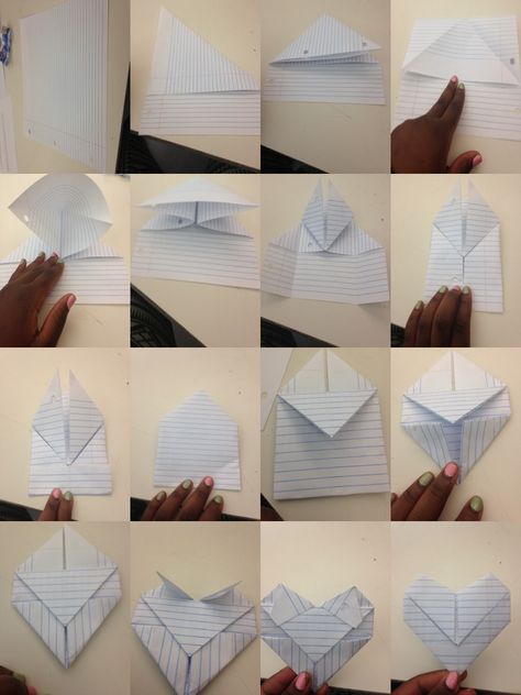 Just made this-it was easy :) cute way to fold a love note! Folding Paper Into A Heart, How To Fold Heart Paper, Fold Heart Paper, Fun Ways To Fold Paper, How To Fold A Envelope Paper, Fold A Heart Out Of Paper, Folding Notes Diy, Ways To Fold Paper Note, Note Folding Tutorial