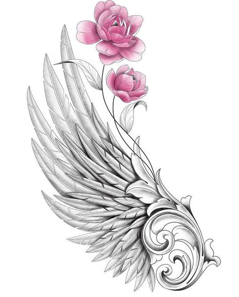 Angel Wing With Flower Tattoo, Angel Wing Tattoo Women, Feather Wings Tattoo, Wings And Flowers Tattoo, Wing Tattoo Designs Arm, Winged Dragon Tattoo, Angel Wings Tattoo Shoulder, Angel Wing Tattoo Designs, Angel Wings Tattoo Stencil