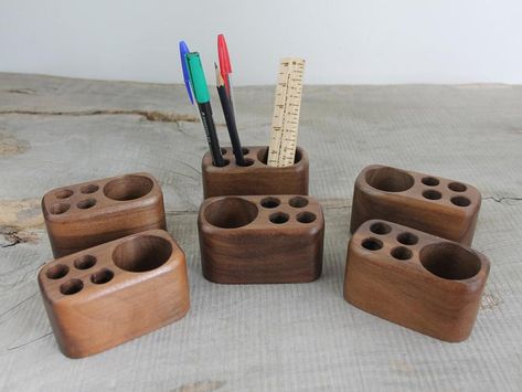 Pen Holder Wood, Small Wooden Desk, Walnut Wood Desk, Wooden Door Stops, Wood Desk Organizer, Pencil And Pen, Wooden Pen Holder, Desk Caddy, Reclaimed Wood Desk