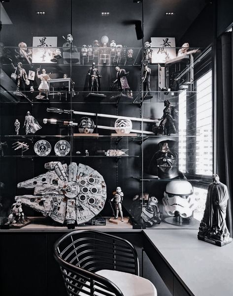 Geek Apartment, Star Wars Interior, Lego Collection Display, Star Wars House Decor, Star Wars Room Ideas, Star Wars Collection Display, Star Wars Living Room, Collectible Storage, Star Wars Man Cave