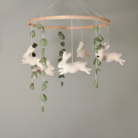 Rabbit Mobile Nursery, Boho Bunny Nursery, Eucalyptus Nursery, Bunny Nursery Theme, Rabbit Themed Nursery, Mobile Ideas, Bunny Mobile, Fairy Nursery, Woodland Mobile