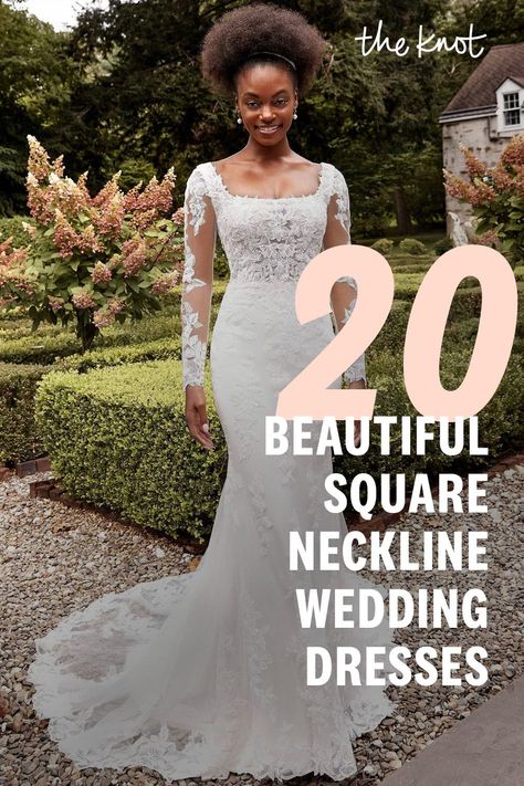 Square Neck Wedding Dress Aline, Wedding Hair For Square Neckline, Wedding Hairstyles For Square Neckline, Square Wedding Dress Neckline, Best Wedding Dress For Body Type, Square Neck Wedding Dress With Sleeves, Square Neck Wedding Dresses, Wedding Dresses Square Neckline, Wedding Dress Square Neckline