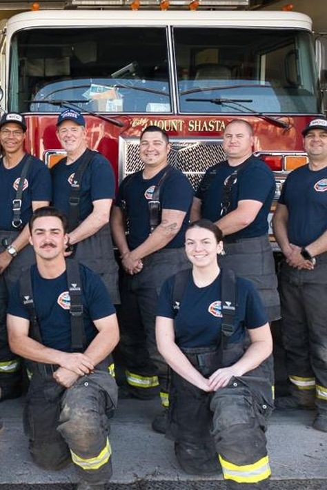 Group of firefighters with printed logo shirts in front of a fire truck. Designs On Shirts, Firefighter Pictures, Firefighter Apparel, Mt Shasta, Volunteer Firefighter, Custom Printed Shirts, Fire Protection, People Living, Emergency Service