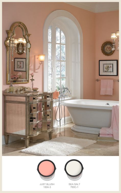 2014 Color Trends, love the shell pink! Blush Bathroom, Pink Bathrooms, Peach Bathroom, Room Wall Colors, Mirror On The Wall, Bathroom Suite, Gold Bathroom, Girls Bathroom, Pink Bathroom