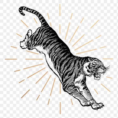 Jumping Tiger, Vintage Animal Illustration, Tiger Png, Tiger Vintage, Vintage Tiger, Png Aesthetic, Aesthetic Stickers, Animal Illustration, Line Drawing