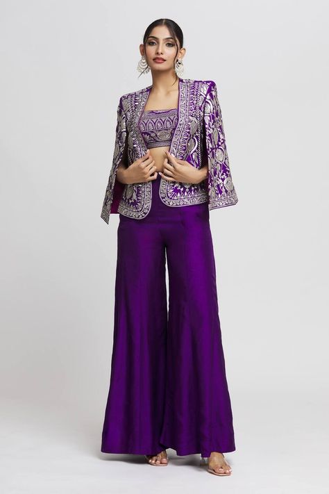 Trending Gopi Vaid purple jacket and flared pant set for women Indian Outfits Modern, Indo Western Outfits For Women, Indowestern Dresses, Gopi Vaid, Jacket Dresses, Crop Top Pants Set, Wedding Outfits For Women, Lehenga Saree Design, Traditional Blouse Designs