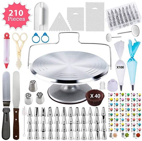 210 Piece Cake Decorating Supplies Kit | Aluminium Rotating Turntable Stand, Frosting & Piping Tips, Icing Spatula, Scraper, Smoother, Flower Nails, Cutter, Disposable Pastry Bags, Pro Baking Tools: Kitchen & Dining  Best baking tools for your kitchen Frosting Piping, Turntable Cake, Cake Decorating Turntable, Professional Cake Decorating, Cake Leveler, Turntable Stand, Cake Kit, Icing Tips, Cake Decorating Piping