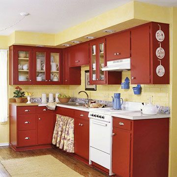 Idea on how to redo my current cabinets. Look at the bottom of the stove, very good idea. Vintage Kitchen Ideas, Kitchen Eating Areas, Paint For Kitchen Walls, Red Cabinets, Before After Kitchen, Vintage Style Kitchen, Vintage Kitchens, Kitchen Floor Plans, Charming Kitchen