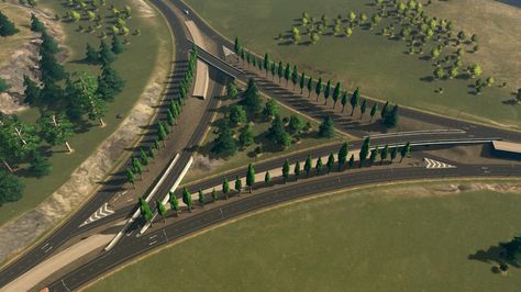 3-Way Directional Interchange Road Junction Design, Cities Skylines Ideas, Cities Skylines, Highway Interchange Design, Cities Skylines Intersections, City Skylines Intersections, Cities Skylines Interchanges, Cities Skylines Highway Exit, City Skylines Game