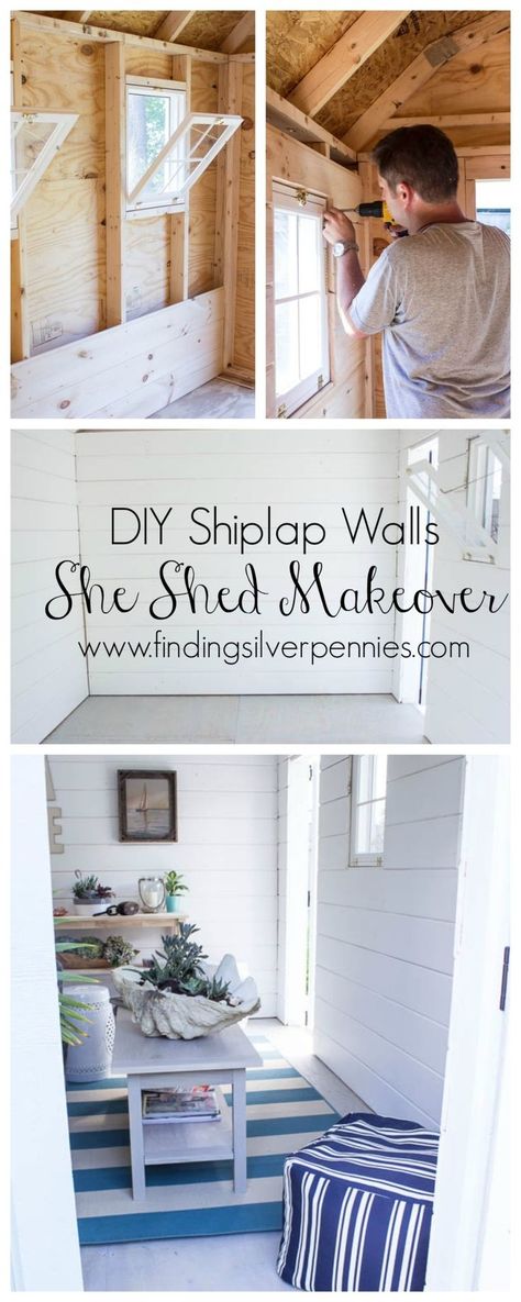 DIY Shiplap walls She Shed Makeover #sheshed #shiplap @homedepot #sponsored Shed Office Interior, She Shed Makeover, She Shed Diy, Shed Conversion Ideas, Shed Makeover, Shed Office, Shiplap Wall Diy, Shed Interior, Shiplap Walls