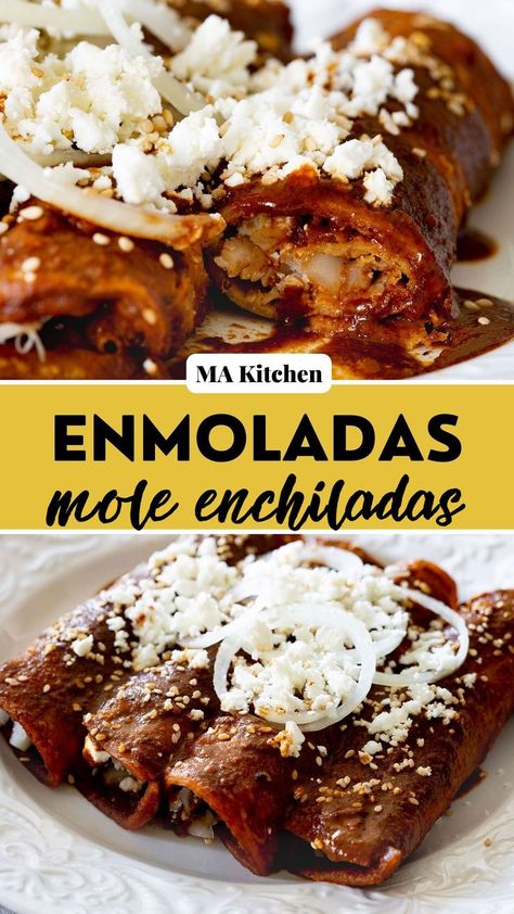 Collage of enmoladas with text overlay. Chicken Recipes Mexican Authentic, Mole Tacos Chicken, Authentic Mexican Mole Recipe, Healthy Mole Recipe, Mole Enchilada Sauce, Authentic Enchiladas Beef, Enchilada Recipe Authentic, Chicken Mole Enchiladas Dona Maria, Authentic Mexican Chicken Enchiladas