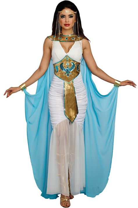 Make an entrance and enjoy free shipping with this two-piece Queen of Egypt costume featuring a full-length dress with embellished gold corset and collar as well as an attached cape with stunning gold wristbands. Egyptian Goddess Costume, Egyptian Outfit, Ancient Egyptian Clothing, Adult Women Halloween Costumes, Egyptian Dress, Egyptian Clothing, Egyptian Fashion, Greek Goddess Costume, Goddess Costume