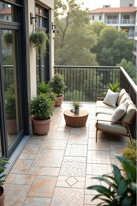 Overhead view of balcony with patterned tiles and hanging plants Balcony Tiling Ideas, Tiled Balcony Floor, Balcony Tiles Design, Terrace Flooring Ideas Outdoor, Tiles For Balcony Floor, Balcony Tiles Ideas, Durable Flooring Ideas, Balcony Flooring Ideas, Patio Ideas Apartment