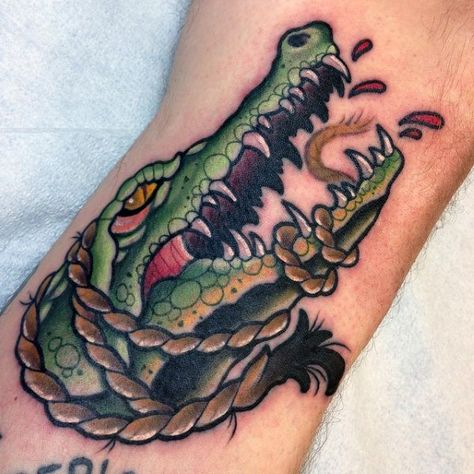 Alligator With Rope Tattoo Males Arms Traditional Art Tattoo, Alligator Tattoos, Rope Tattoo, Alligator Tattoo, Crocodile Tattoo, Celtic Tattoo Symbols, Pocket Watch Tattoos, Traditional Tattoo Inspiration, Kunst Tattoos