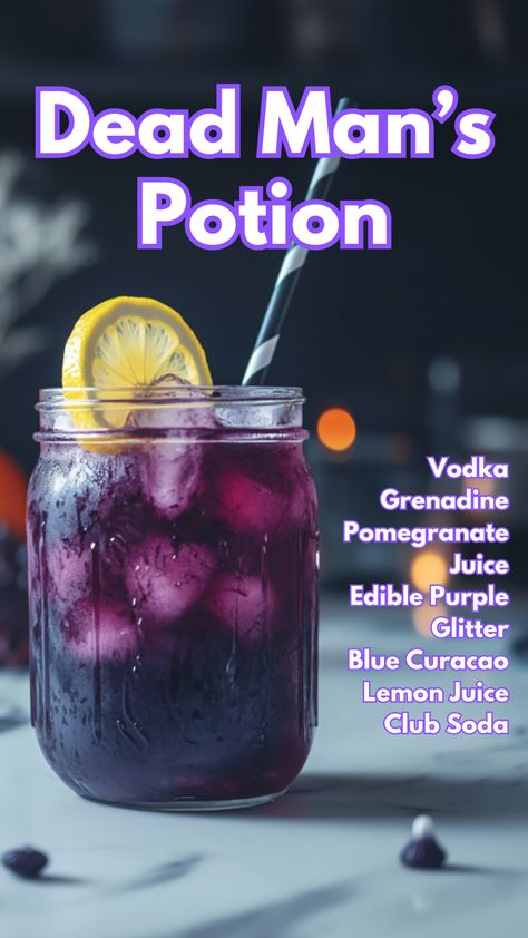 Dead Man\'s Potion Purple Glitter Cocktail, Alcoholic Drinks Vodka, Soda Cocktails, Spooky Cocktails, Fall Beverages, Halloween Drinks Alcohol, Purple Cocktails, Cocktail Drinks Alcoholic, Party Drinks Alcohol