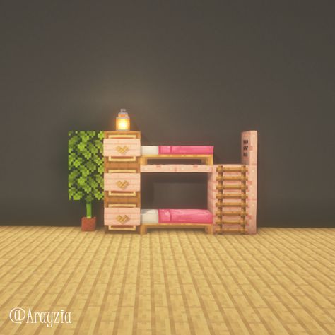 Mincraft Idea Bunk Bed, Bed Rooms Ideas Minecraft, Minecraft Bed Inspiration, Bed Minecraft Ideas Aesthetic, Cute Minecraft Living Room Ideas, Pink Wood Minecraft, Minecraft Pink Decoration, Cute Decorations Minecraft, Pink Minecraft Decor