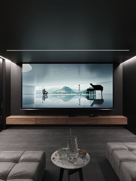 Classy Movie Theater Room, Cozy Home Theater Ideas, Office Movie Room, Modern Theater Room, Home Theater Design Modern, Modern Media Room Design, Home Theater Screen, Home Cinema Room Ideas, Luxury Home Cinema Room