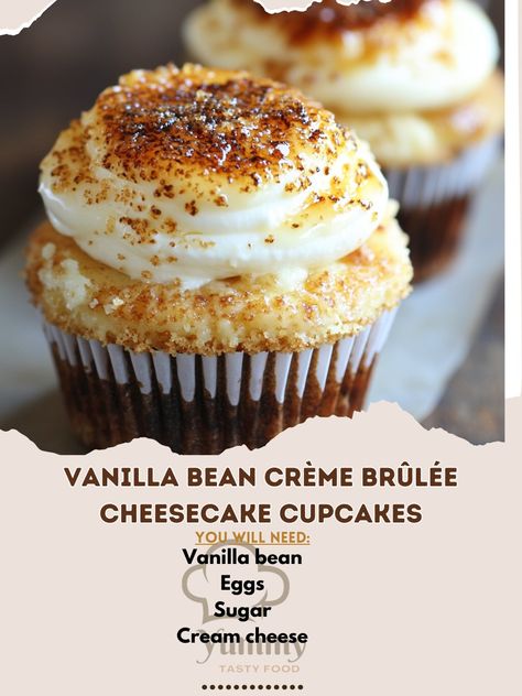 🍮🧁 These Vanilla Bean Crème Brûlée Cheesecake Cupcakes are the perfect combo of creamy, crunchy, and delicious! 🎉🔥 #CheesecakeDreams #BrûléeMagic Vanilla Bean Crème Brûlée Cheesecake Cupcakes Ingredients: Cream cheese (16 oz, softened) Sugar (3/4 cup) Eggs (2) Vanilla bean (1, seeds scraped) Heavy cream (1/4 cup) Graham cracker crumbs (1 cup) Butter (1/4 cup, melted) Brown sugar (1/4 cup, for brûlée topping) Instructions: Preheat oven to 325°F (160°C). Line a cupcake pan. Mix graham crack... Cream Cheese Cheesecake, Cheesecake Base, Creme Brulee Cheesecake, Vanilla Bean Cheesecake, Cheesecake Cupcakes, Caramelized Sugar, Cheesecake Filling, Sweet Cravings, Cupcake Pan