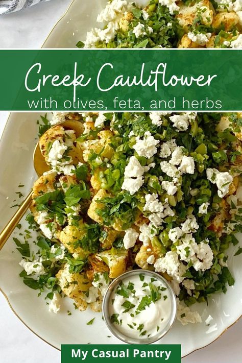 Turn ordinary cauliflower into an extraordinary side dish with this Roasted Greek Cauliflower. Oven-roasted cauliflower is topped with fresh herbs, olives, and tangy feta cheese. Cauliflower Feta Recipes, Roasted Cauliflower Salad Recipe, Roasted Cauliflower Recipes Oven, Greek Cauliflower, Boil Cauliflower, Lemon Hummus, Roasted Cauliflower Salad, Feta Cheese Recipes, Cauliflower Tacos