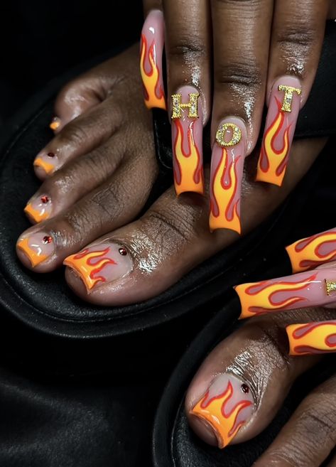 Fire Flame Nails, Afro Jewelry, Flame Nails, Nail Tek, Pedicure Colors, 2024 Nails, Drip Nails, Fire Flame, Polygel Nails