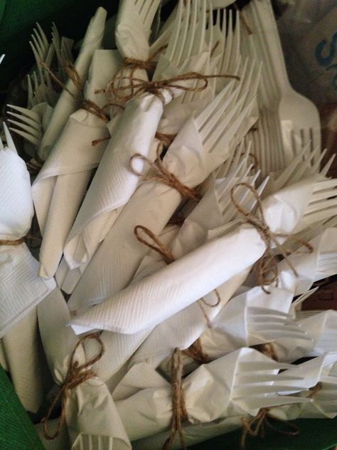 Wrapped Silverware In Napkins Wedding, Plastic Ware Wrapped In Napkin, Silverware Wrapped In Napkin Wedding, Silverware Tied With Twine, Plastic Silverware Wrapped In Napkin, Plastic Utensils Wrapped In Napkin, Diy Reception, 72 Birthday, Disposable Cutlery