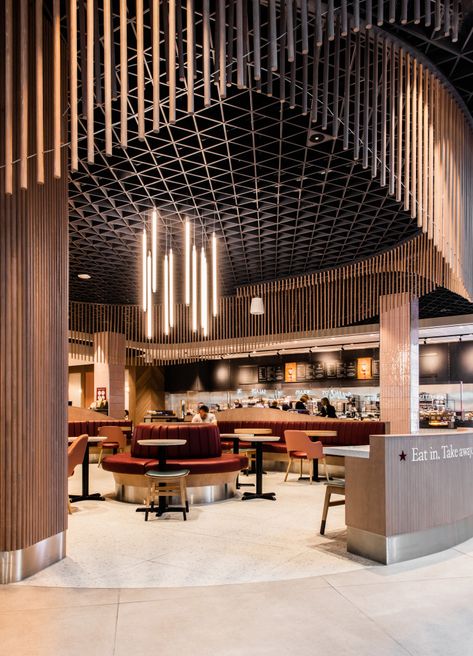 Pret A Manger - InsideOut - London Architects Cafe Design Inspiration, Istanbul Restaurants, Japanese Restaurant Interior, Cafeteria Design, Restaurant Ceiling, Ceiling Feature, Restaurants Design, Restaurant Design Inspiration, Hotel Lobby Design