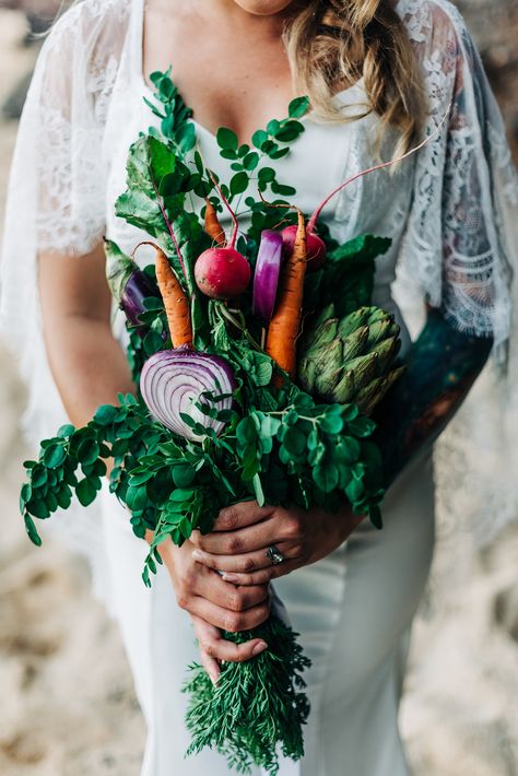 Vegan wedding bouquet Alternative Wedding Bouquet Ideas, Unique Wedding Bouquets, Hawaiian Elopement, Vegetable Bouquet, Red Velvet Wedding Cake, Storybook Gardens, Alternative Wedding Bouquet, Wedding Bouquet Ideas, Unique Wedding Bouquet