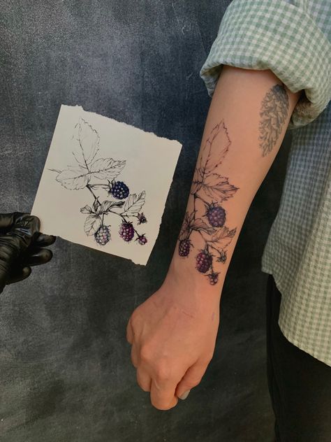 Thimbleberry Tattoo, Blackberry Arm Tattoo, Fine Line Blackberry Tattoo, Wild Berry Tattoo, Blackberry Bramble Tattoo, Berry Tattoo Ideas, Blackberry Flower Tattoo, Blackberry Branch Tattoo, Blackberry Vine Tattoo