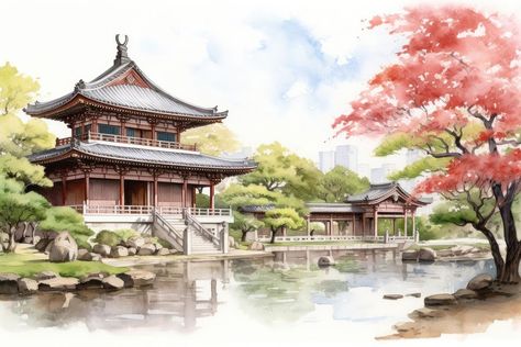 Temple architecture building outdoors. AI generated Image by rawpixel. | free image by rawpixel.com / Nunny Chinese Painting Flowers, Water Symbol, Flower Cartoon, Chinese House, Japanese Water, Japanese Temple, House Sketch, Temple Architecture, Painting Flower