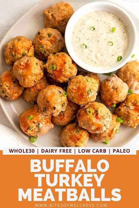 Buffalo Turkey Meatballs Healthy, Sides For Turkey Meatballs, Ground Turkey Recipes Healthy Meal Prep Low Carb, Ground Turkey Appetizers, Ground Turkey Paleo, Turkey Meatballs Keto, Turkey Meatballs Meal Prep, Whole30 Turkey Meatballs, Keto Turkey Meatballs