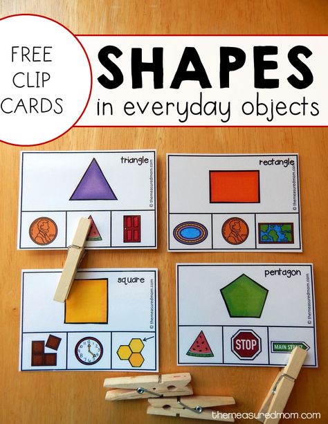 Looking for free shape activities? These clip cards will help kids see shapes in everyday objects. Preschool Task Cards Free, Spatial Sense Preschool Activities, Shapes Matching Game Free Printables, Geometry Preschool Activities, Shapes Matching Printable, Teacch Tasks Free Printables, Teacch Activities Free Printable, Kindergarten Task Cards Free, Shape Math Activities Preschool