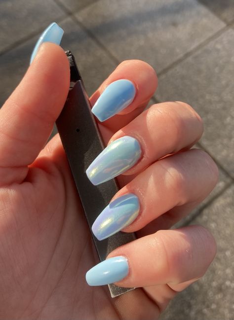 Blue Chrome Nails Coffin, Chrome Nails Coffin, Baby Blue Chrome Nails, Light Blue Chrome Nails, Afro Hairstyles Women, Baby Blue Acrylic Nails, Ballerina Acrylic Nails, January Nail Designs, Ballerina Nails Designs