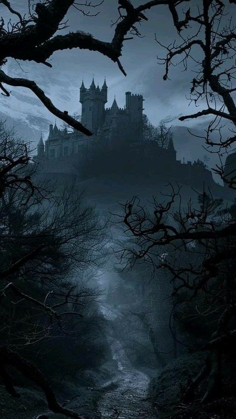 Dark Forest Castle Aesthetic, Goth Castle Aesthetic, Dark Castle Aesthetic, Eerie Landscape, Mysterious Castle, Goth Castle, Gothic Landscape, Castle Painting, Halloween Wallpaper Cute