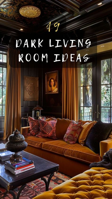 Elevate your living room with dark decor that speaks elegance. Click to uncover 19 stunning ideas that add depth and character. 🖤🛋️ #DarkLivingRoom #ElegantHome #DepthAndCharacter #StunningDecor #RoomTransformation Dark Luxurious Living Room, Dramatic House Interior Design, Period Living Room Ideas, Styling A Large Living Room, Moody Formal Living Room, Vintage Sitting Room Ideas, Moody Sitting Room Ideas, Dark Snug Room Ideas, Moody Open Concept Living Room