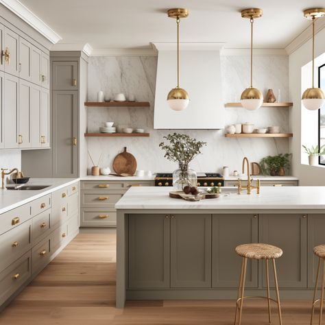 kitchen with gold accents Interior Ikea, Kabinet Dapur, New Interior Design, Classic Kitchen, Marble Counter, Kitchen Farmhouse, Kitchen Room Design, Kitchen Inspiration Design, Kitchen Trends