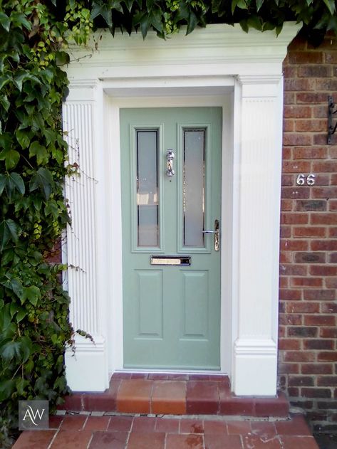 Chartwell Green Front Door, Solidor Door, Stairs And Hallway Ideas, Victorian Front Door, Green Front Door, Chrome Furniture, Victorian Front Doors, Front Door Inspiration, Front Door Steps