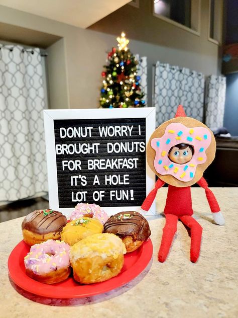 Elf On The Shelf Ideas Donut Holes, Elf With Donut Ideas, Donut Worry Elf On The Shelf, Elf And Donut Ideas, Elf On The Shelf Donuts Ideas, Buddy The Elf Elf On The Shelf, Elf Doughnut Ideas, Elf On The Shelf Ideas Candy, Donut Elf On The Shelf Ideas