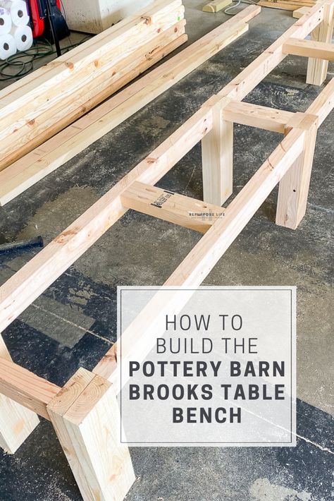 DIY this $900 Pottery Barn Brooks Dining Table Bench for less than $100! Follow these easy plans and build your own outdoor (or indoor) farmhouse table bench. Build A Dining Bench, Table Benches Dining Diy, Build Dining Bench, Dining Bench Plans, Outdoor Diy Bench Seating, How To Make A Bench For Dining Table, Diy Dining Bench Easy, Diy Dinner Bench, Outdoor Table Bench Seating