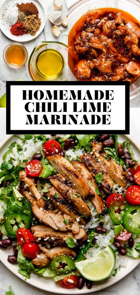 This Chili Lime Marinade adds bright, zesty, & spiced flavor to everything it touches. Made with just 8 pantry ingredients in 10 minutes or less, this Mexican-inspired marinade pairs beautifully with everything from epic steak fajitas to grilled chicken, pork, seafood, veggies, & even fruit! #marinade #chililime #chililimechicken #chililimesalmon #chilelime #marinadeforchicken #grilledchickenmarinade Lime Marinade For Pork, Chilli Lime Chicken Marinade, Veggie Marinade Recipes, Chili Lime Chicken Marinade, Chili Recipe Food Network, Lime Chicken Marinade, Veggie Marinade, Chili Lime Marinade, Mexican Marinade